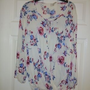 Janette Plus Cream Floral Tie-Front Blouse with Blue & Pink Flowers